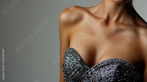 A woman poses in a silver dress, perfect for formal events or editorial use