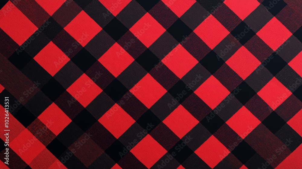 Red and black buffalo plaid fabric texture with a classic checkered pattern of alternating squares. Red and black buffalo plaid fabric texture with a classic checkered pattern of alternating squares.