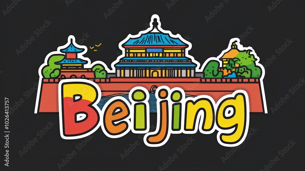 Fototapeta premium Colorful illustration of Beijing's landmarks