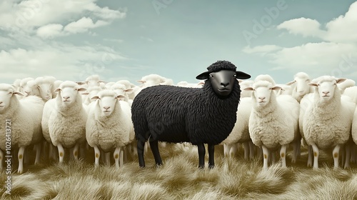 A surreal representation of a black sheep in a meadow with white sheep, showcasing the concept of diversity and standing out.