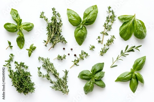 A beautiful arrangement of fresh herbs on a soft white background. These natural green plants are perfect for cooking and garnishing your favorite dishes. Generative AI