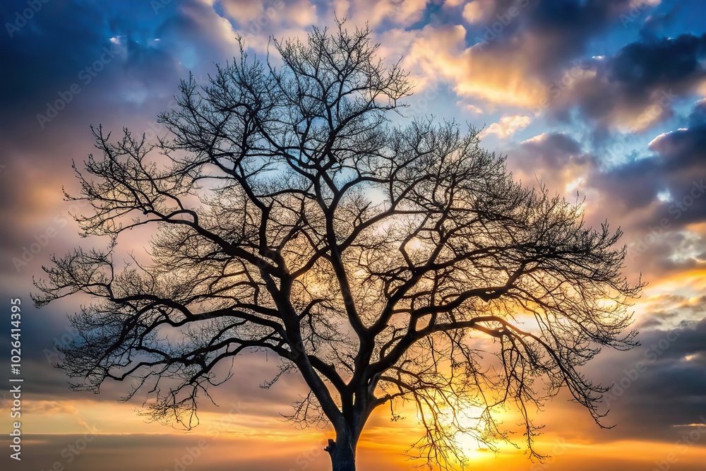 Leafless tree branches against grey sky at sunset Leafless tree branches against grey sky at sunset