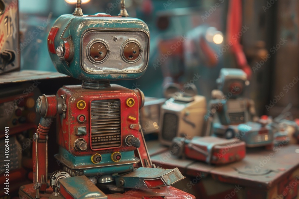 A small toy robot sitting on a table, ready for play A small toy robot sitting on a table, ready for play