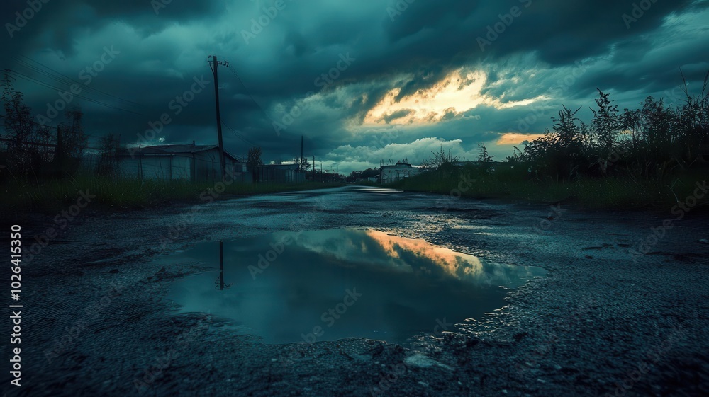 Obraz premium Dark, stormy clouds reflecting in a puddle, foreboding, emotional turbulence