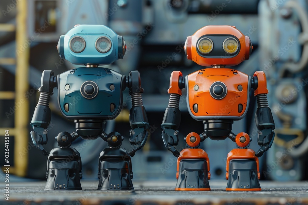 Two small toy robots pose side by side in a playful scene