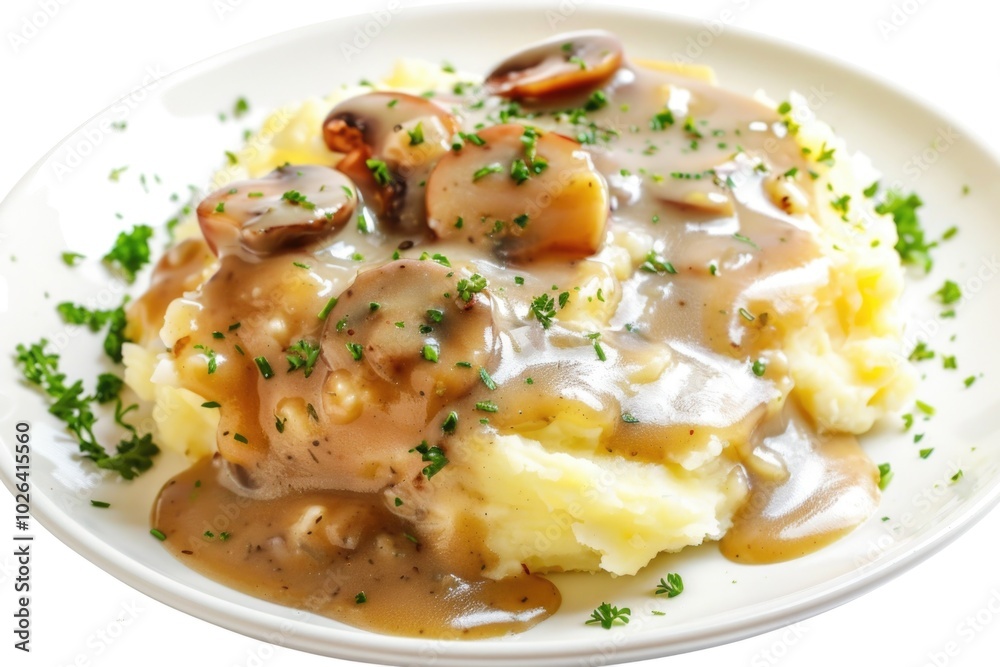 A plate of creamy mashed potatoes smothered in savory mushroom gravy A plate of creamy mashed potatoes smothered in savory mushroom gravy
