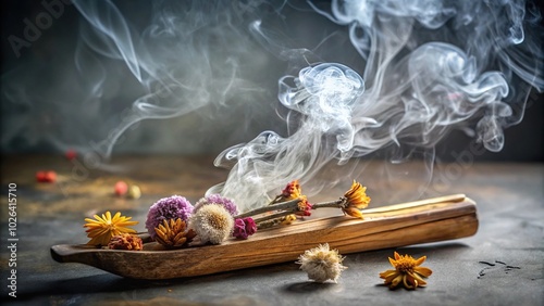 palosanto with smoke mirror and dried flowers on neutral background photo