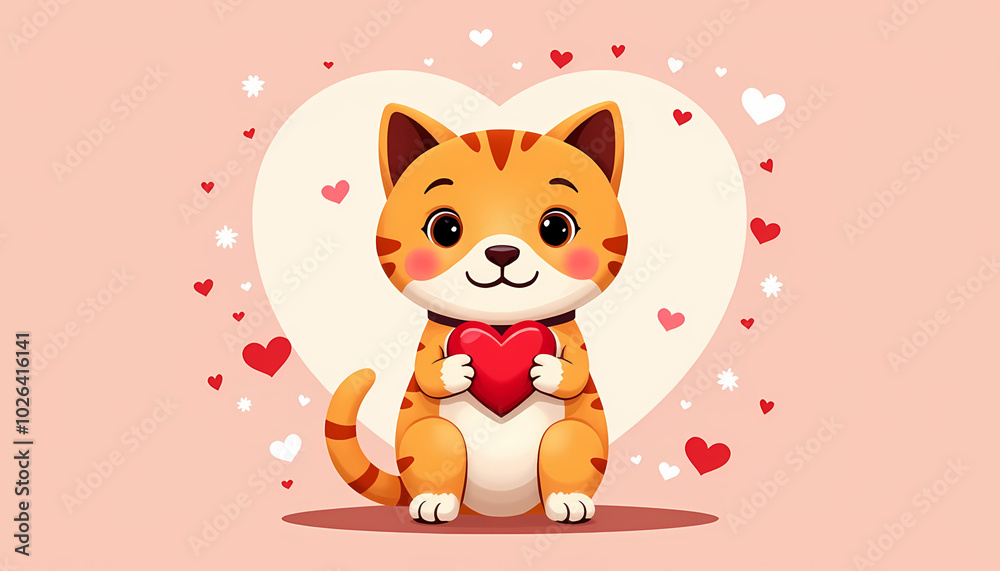 Cute cartoon cat holding a heart on Valentine's Day with love hearts in the background Cute cartoon cat holding a heart on Valentine's Day with love hearts in the background