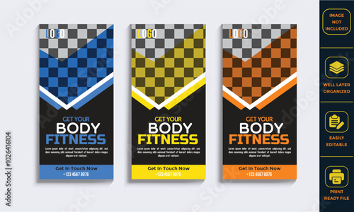 Shape Your Body Banner, Fitness Rack card, Gym Roll Up Banner, and Gym and Fitness DL flyer design Template