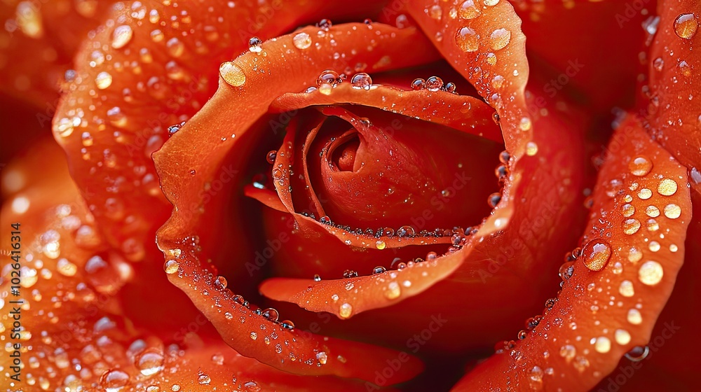 A close-up of a bright red rose in full bloom, with dewdrops glistening on its petals