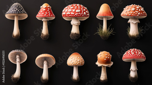 Collection of colorful and diverse mushrooms displayed on a dark background. Various shapes and colors, including red and orange caps with spots and gills. photo