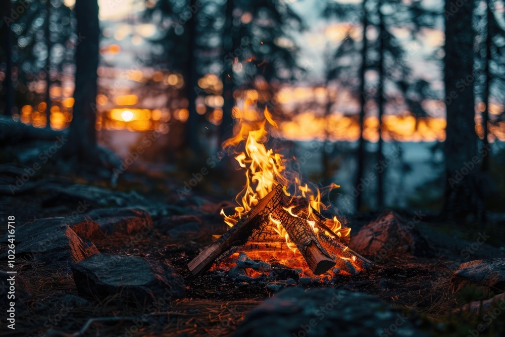 A campfire in a dense forest, surrounded by trees A campfire in a dense forest, surrounded by trees
