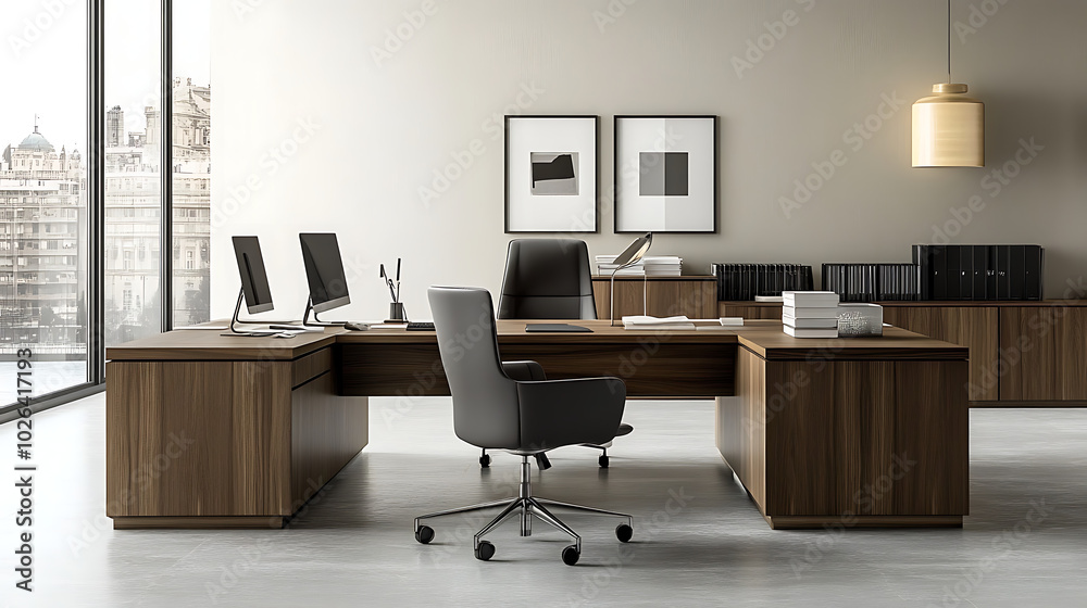 Modern office setup with sleek wooden desks and ergonomic chairs arranged in a clean, minimalist layout, providing a comfortable and functional workspace. Modern office setup with sleek wooden desks and ergonomic chairs arranged in a clean, minimalist layout, providing a comfortable and functional workspace.