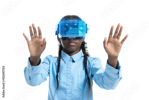 A young girl wearing a VR headset, sitting in a quiet room