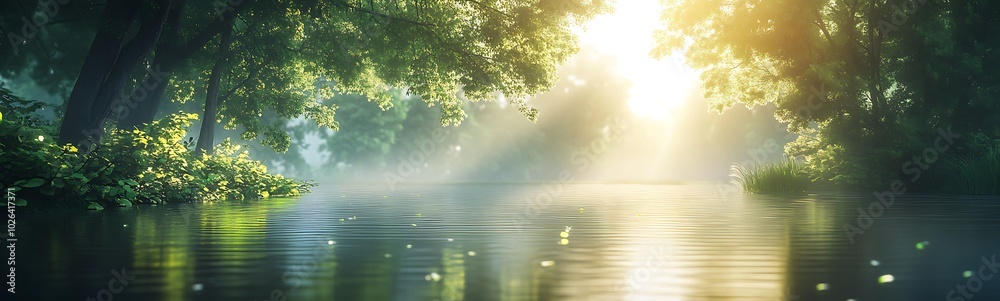 A serene landscape featuring a tranquil water body surrounded by lush greenery and soft sunlight filtering through tree branches. A serene landscape featuring a tranquil water body surrounded by lush greenery and soft sunlight filtering through tree branches.