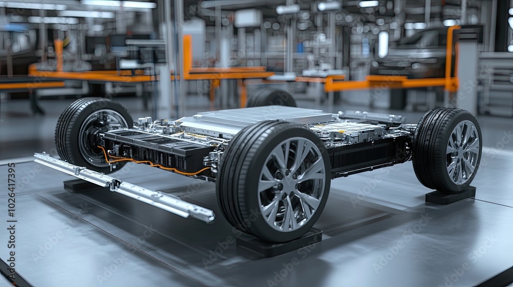 Fototapeta premium Manufacturing of lithium-ion battery modules for electric vehicles, focusing on clean energy and technological advancement