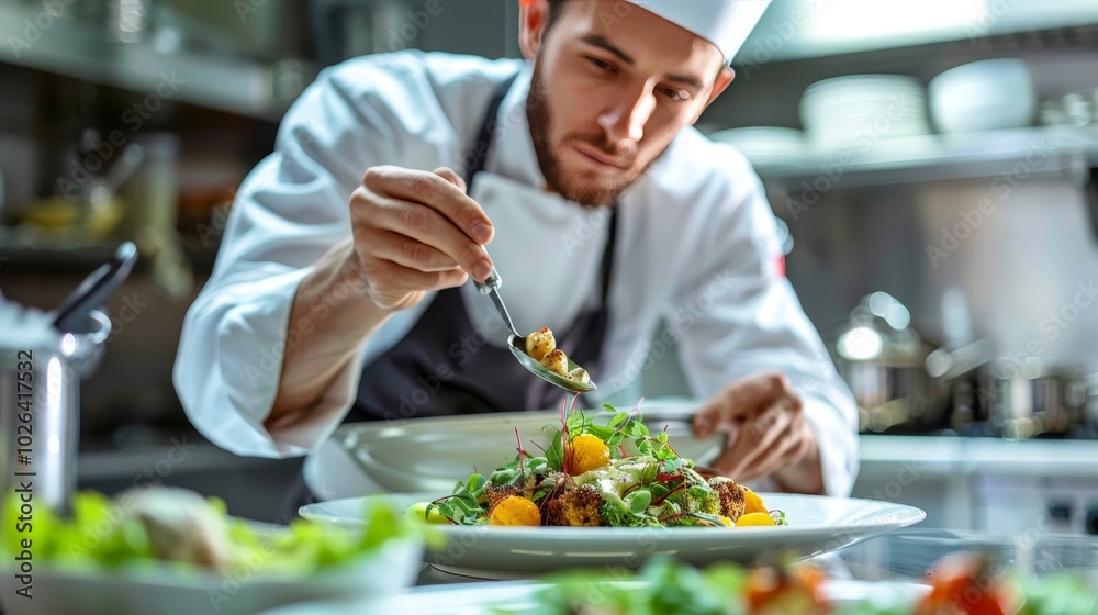 Skilled chef artfully garnishing gourmet dish in a professional kitchen with vibrant ingredients Skilled chef artfully garnishing gourmet dish in a professional kitchen with vibrant ingredients