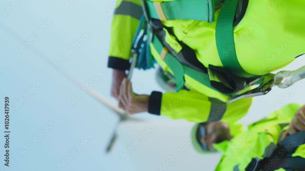 Two engineers in high-visibility gear shake hands in front of a wind turbine, symbolizing teamwork and collaboration in the renewable energy sector. The image emphasizes partnership. Two engineers in high-visibility gear shake hands in front of a wind turbine, symbolizing teamwork and collaboration in the renewable energy sector. The image emphasizes partnership.