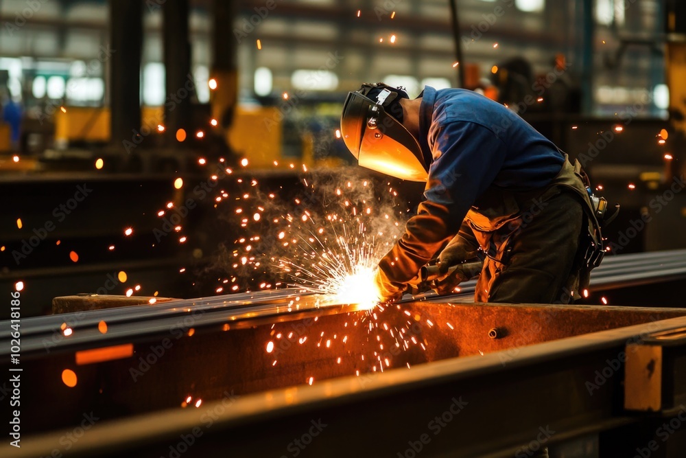 A worker welds metal in a factory setting A worker welds metal in a factory setting