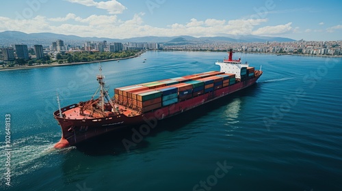 Aerial view from drone, Container loading cargo freight ship boat.