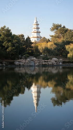 Serene reflection of a white pagoda in calm waters