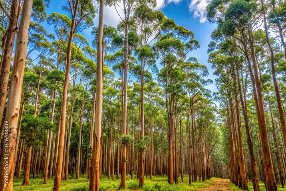 Panorama of eucalyptus forest with Karri trees, Eucalyptus diversicolor, asymmetrical