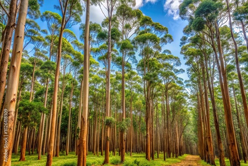 Panorama of eucalyptus forest with Karri trees, Eucalyptus diversicolor, asymmetrical photo