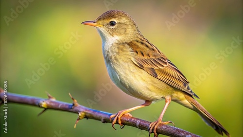 Common grasshopper warbler perched on a branch in soft focus with blurred background photo