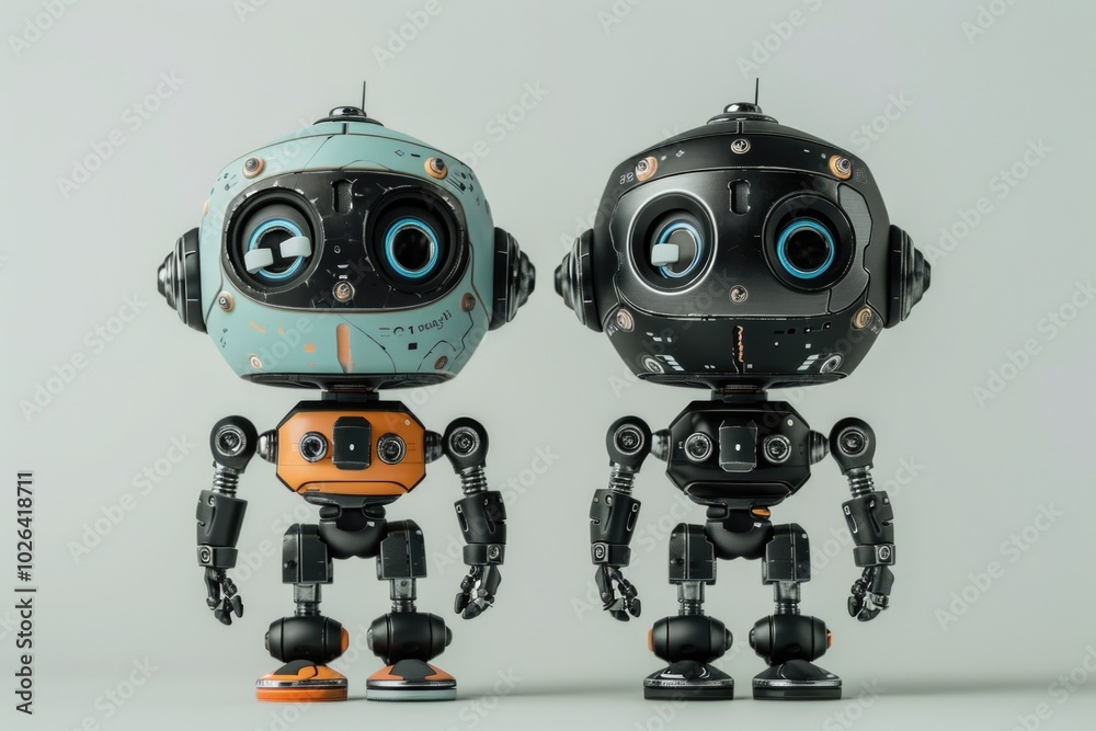 Two mechanical robots stand together, possibly in a manufacturing facility or robotic laboratory Two mechanical robots stand together, possibly in a manufacturing facility or robotic laboratory