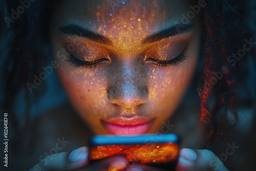 Woman Looking at Phone with Glowing Light