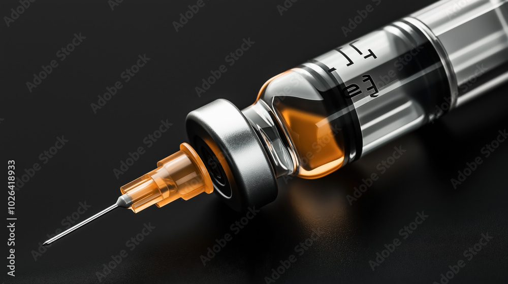 Close-up of a medical syringe with an orange liquid inside, highlighting the needle and transparent barrel, on a dark background. Close-up of a medical syringe with an orange liquid inside, highlighting the needle and transparent barrel, on a dark background.