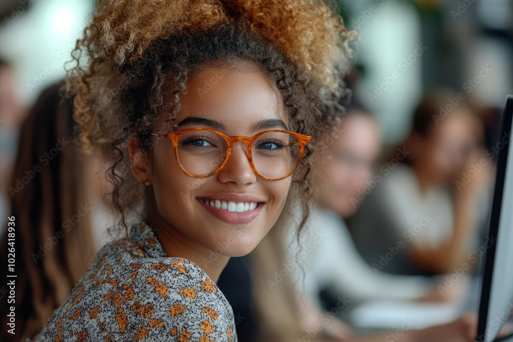 Smiling Woman in Glasses at Work, Portrait of Confidence Smiling Woman in Glasses at Work, Portrait of Confidence