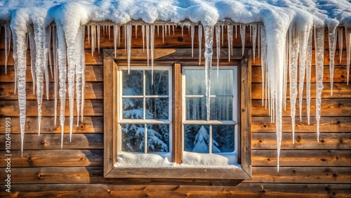 Winter scene of cottage window with ice and icicles