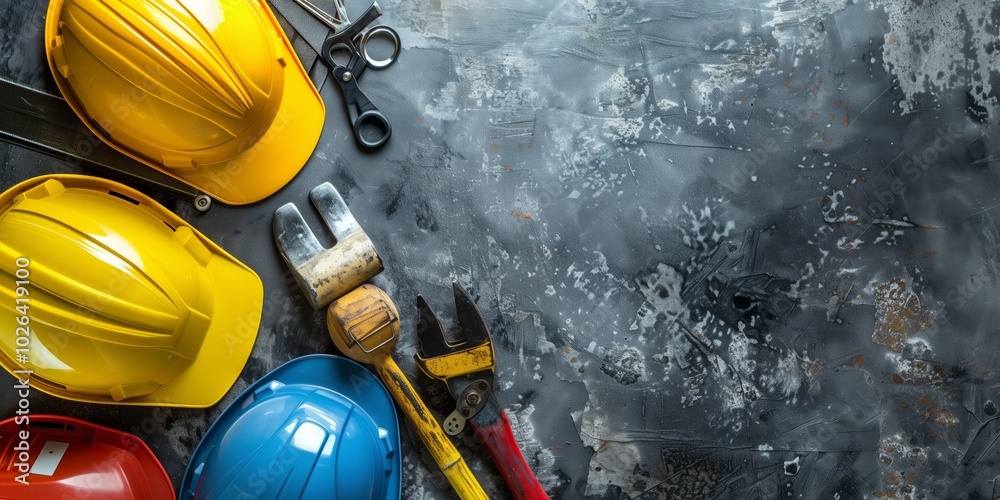 Hard hats and various tools on a gray background  symbolizing Labor Day and work