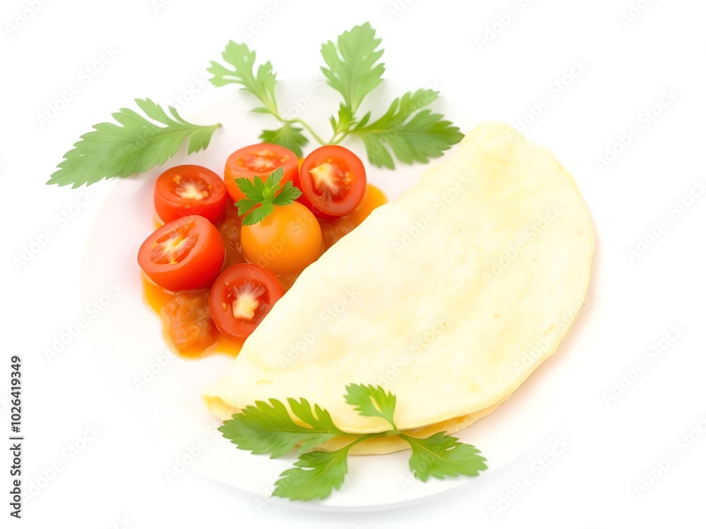 Omelette garnished with tomato and parsley, presented on a clean white background Omelette garnished with tomato and parsley, presented on a clean white background