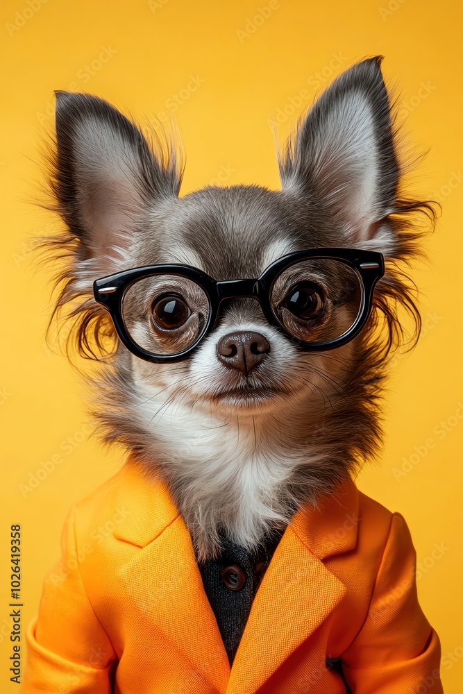Chihuahua in orange suit and glasses, yellow backdrop, quirky and stylish Chihuahua in orange suit and glasses, yellow backdrop, quirky and stylish