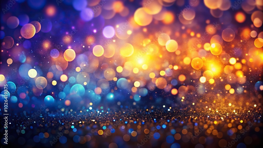 Panoramic abstract background with bokeh lights and glitter in dark blue, purple, gold, and orange colors