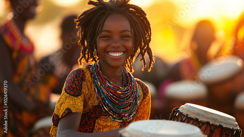 African Girl Dancing in Traditional Clothing at a Party