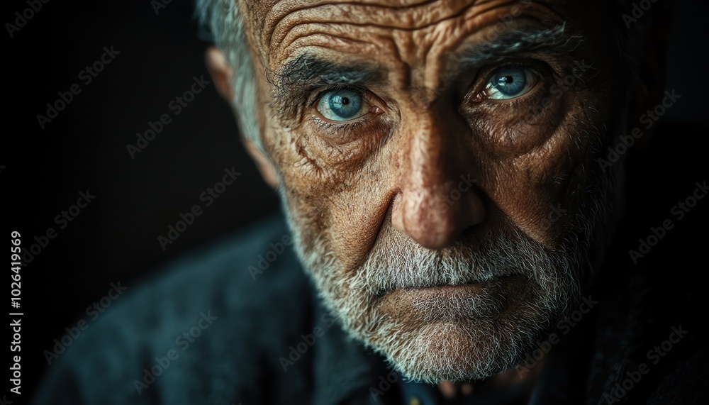 Closeup of an elderly man with rugged features and a deep gaze, in soft dramatic lighting Closeup of an elderly man with rugged features and a deep gaze, in soft dramatic lighting