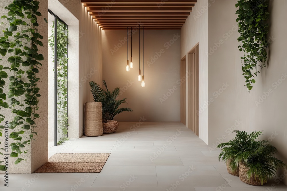 Naturebased healing space with soft lighting and organic materials, 3D illustration Naturebased healing space with soft lighting and organic materials, 3D illustration