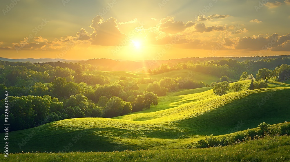 Fototapeta premium A stunning sunrise illuminates lush green hills, creating a serene and tranquil landscape filled with natural beauty.