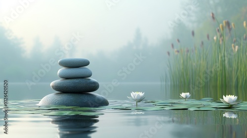 Stacked Stones, Water Lilies, and a Misty Lake photo