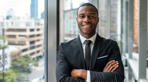 Confident business professional in a modern office with panoramic city views