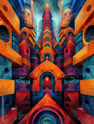 Colorful symmetrical futuristic architecture with intricate patterns, geometric shapes, and surreal elements photo