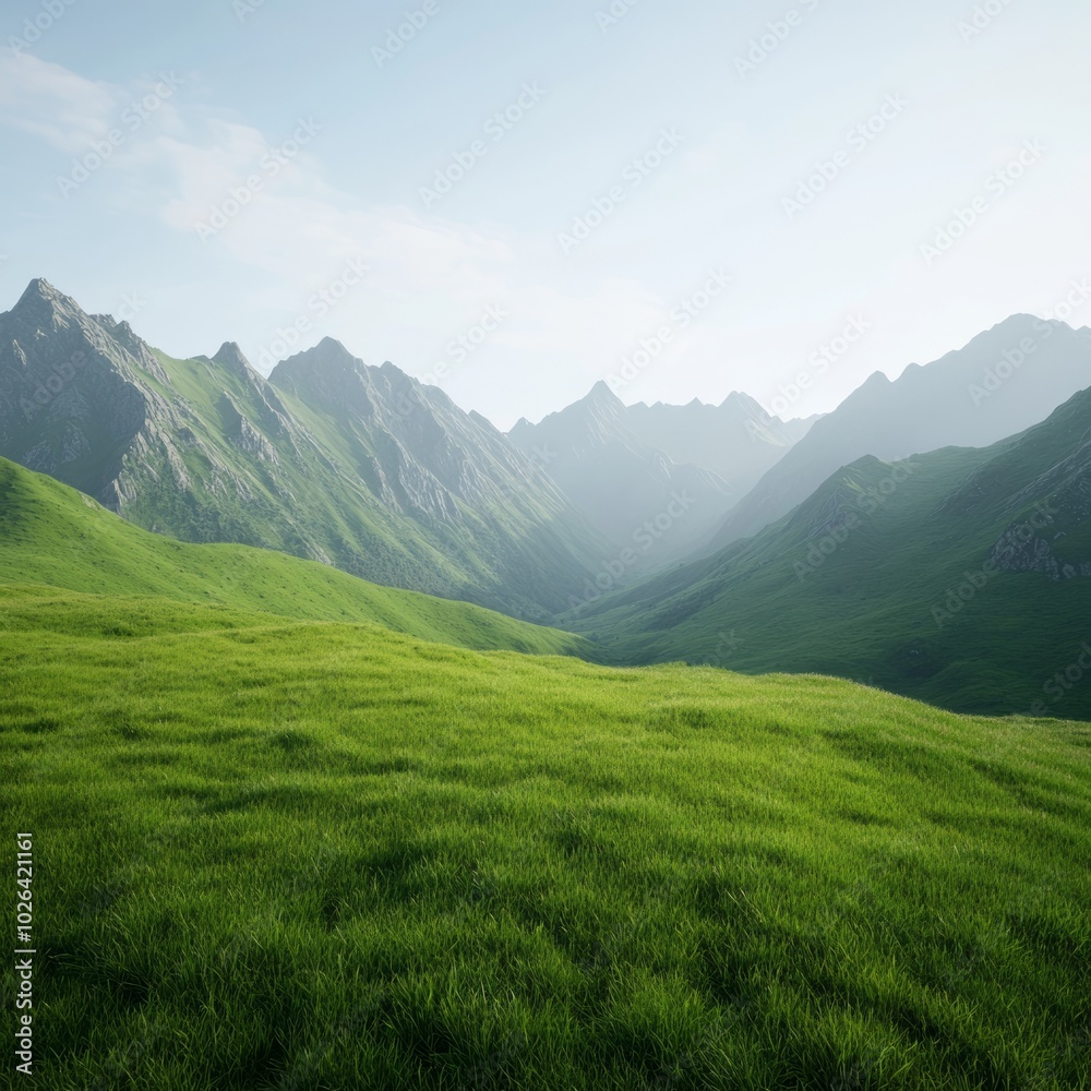 A serene green valley surrounded by majestic mountains under a clear sky. A serene green valley surrounded by majestic mountains under a clear sky.