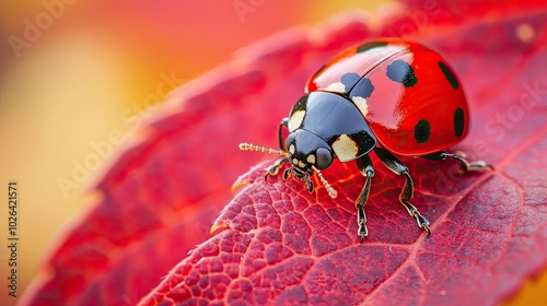 A close-up of a ladybug crawling on a red leaf, creating a perfect harmony of nature