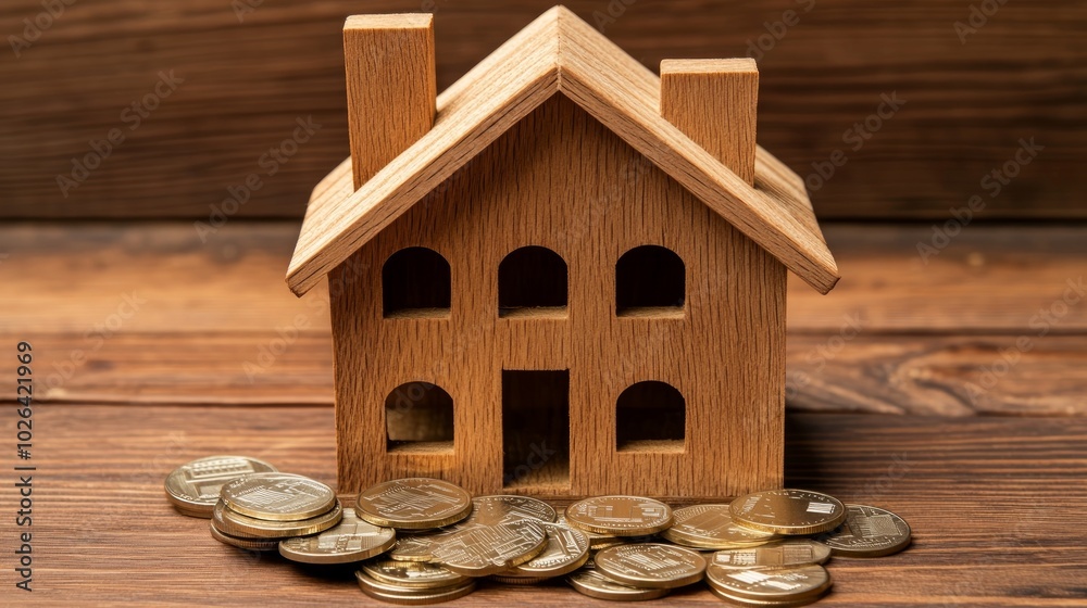 Wooden house model with coins on a table. Wooden house model with coins on a table.