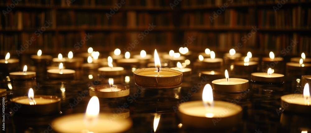 A large number of candles are lit in a room with a library in the background A large number of candles are lit in a room with a library in the background