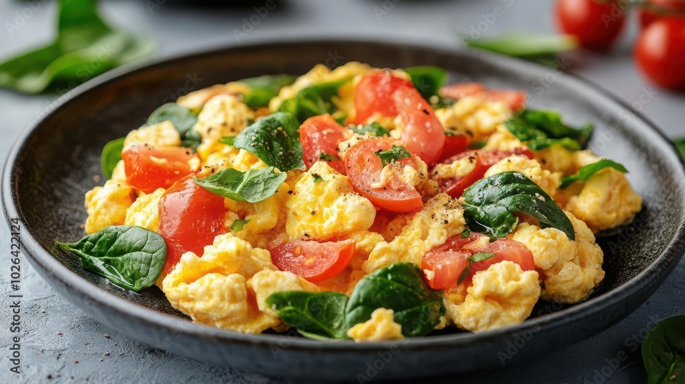 Plate of scrambled eggs with spinach and tomatoes, brainboosting meal, nutritious and easy
