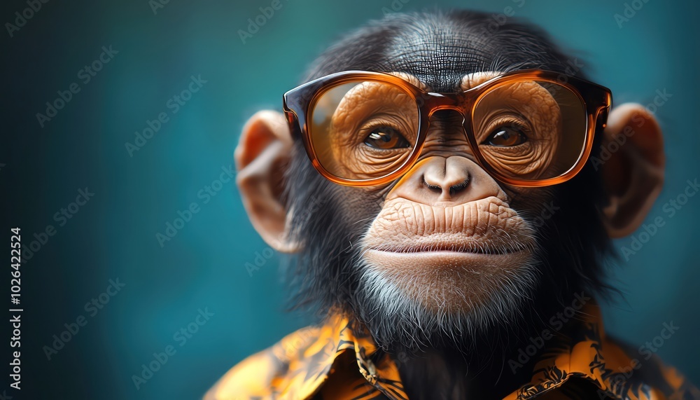 Stylish chimpanzee in orange sunglasses and Hawaiian shirt, cool vacation vibe Stylish chimpanzee in orange sunglasses and Hawaiian shirt, cool vacation vibe